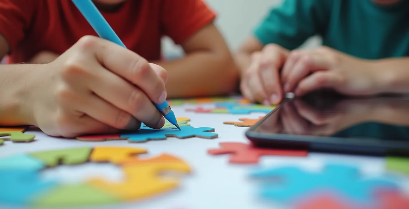Makroaufnahme zeigt Hände, die aktiv mit Lernmaterialien interagieren