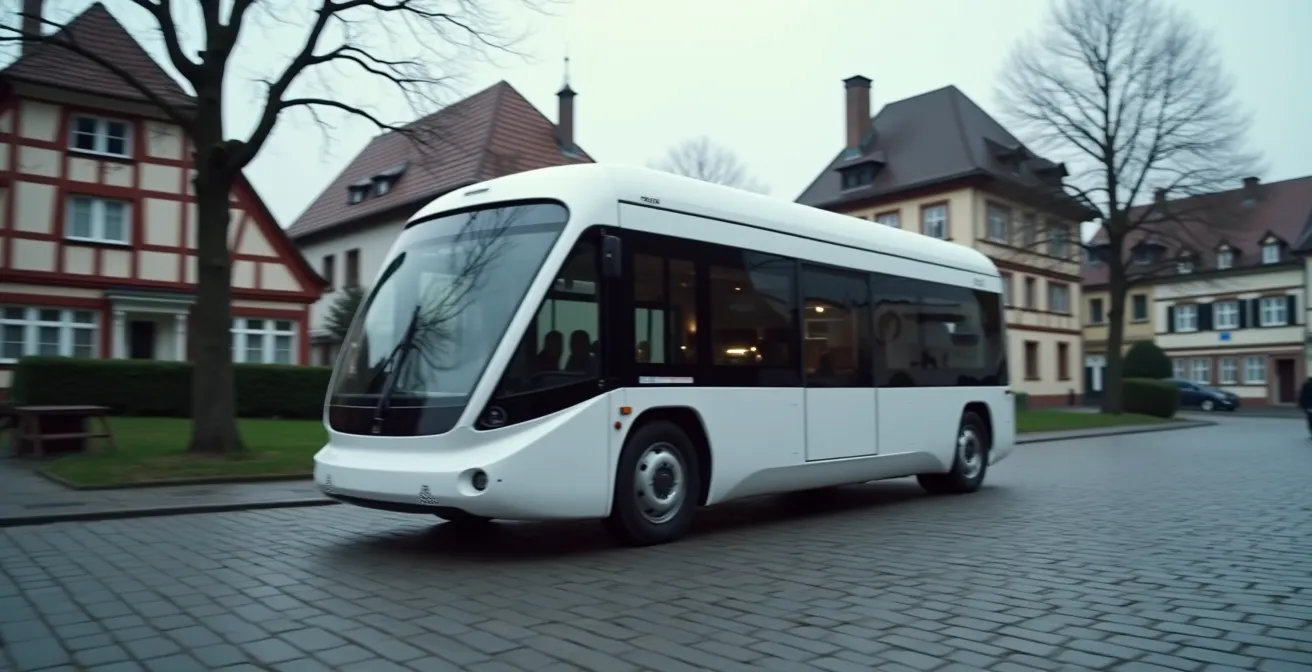 Ein futuristischer, autonomer Shuttle-Bus fährt durch eine ruhige deutsche Kleinstadt mit Fachwerkhäusern im Hintergrund.