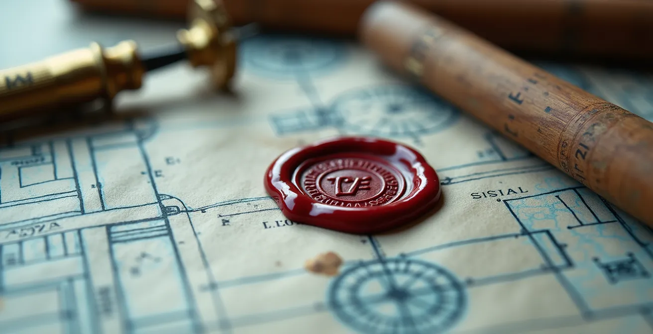 Detailaufnahme historischer Bauunterlagen mit Stempel der Denkmalbehörde