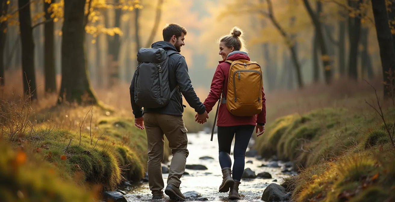Zwei Menschen beim gemeinsamen Wandern in deutscher Mittelgebirgslandschaft, die sich gegenseitig stützen.