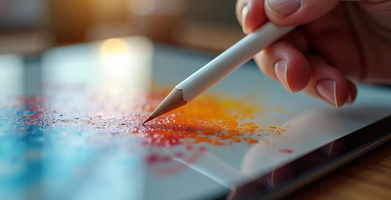 Nahaufnahme eines iPads mit digitalem Pinselstrich auf matter Oberfläche