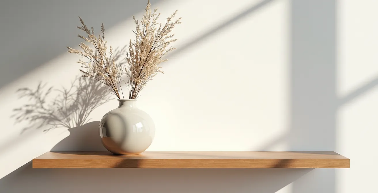 Große einzelne Vase auf einem freistehenden Regal als Blickfang in einem minimalistischen Wohnambiente.