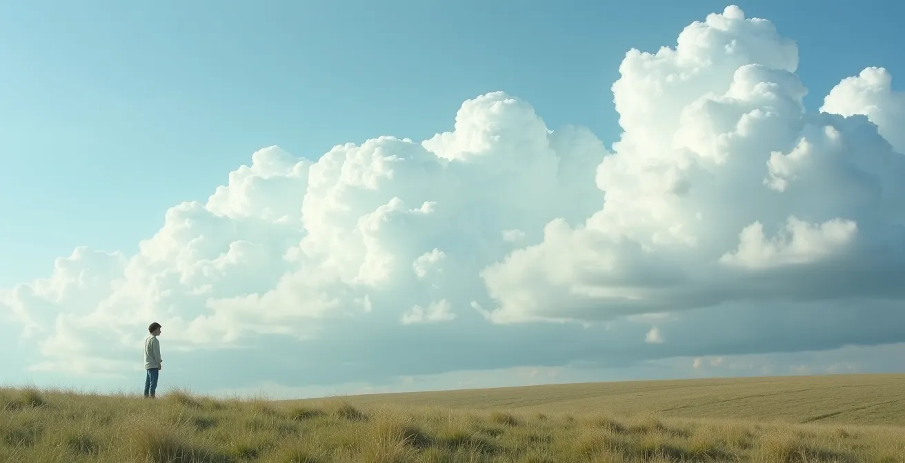 Weiter Himmel mit vorbeiziehenden dramatischen Wolken über deutscher Landschaft