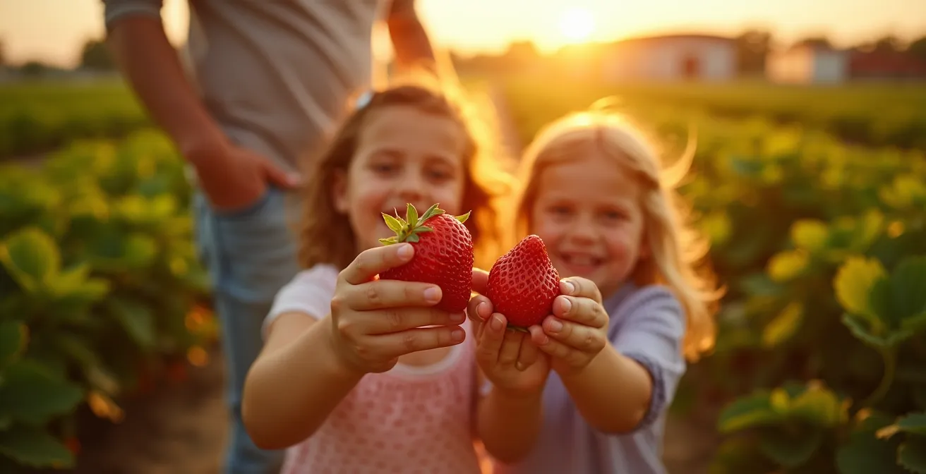 Familie pflückt Erdbeeren auf einem deutschen Erdbeerfeld im Juni