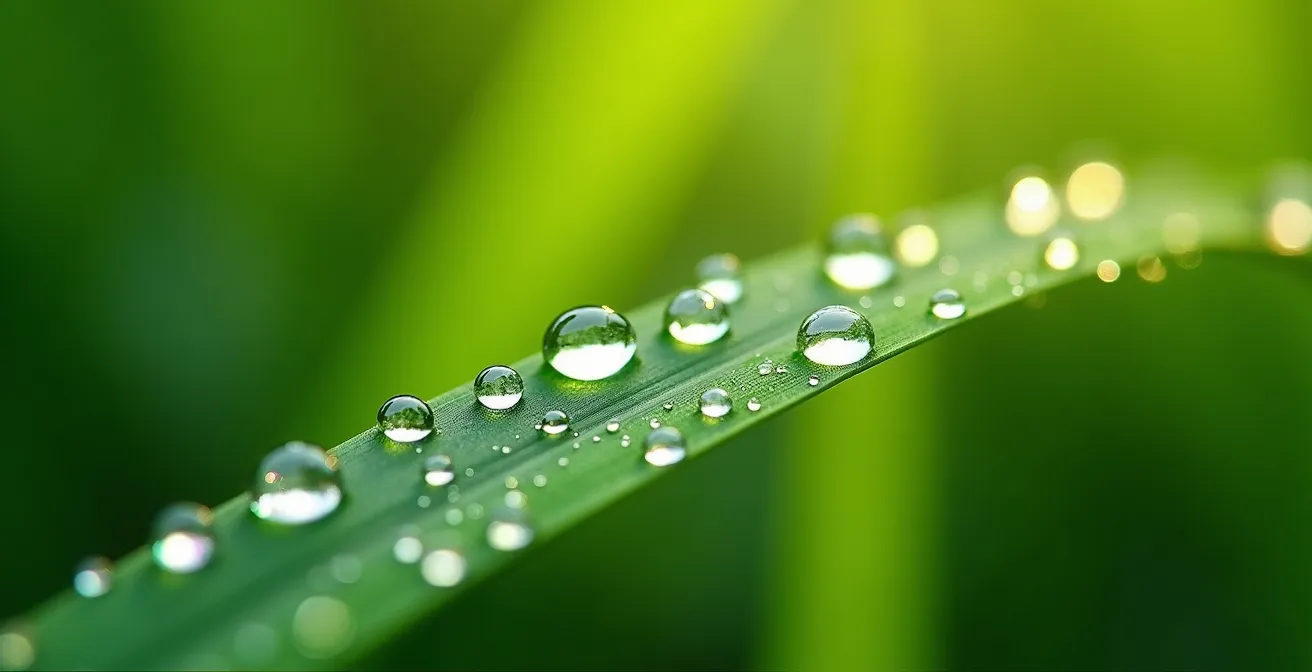 Makroaufnahme von Wassertropfen auf Blättern, die den Verdunstungseffekt der Evapotranspiration illustrieren.