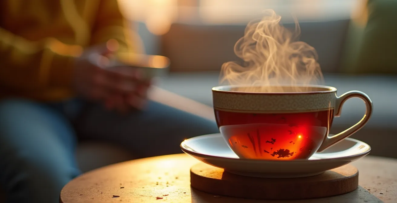 Nahaufnahme einer dampfenden Teetasse mit unscharfem Hintergrund eines gemütlichen Wohnzimmers