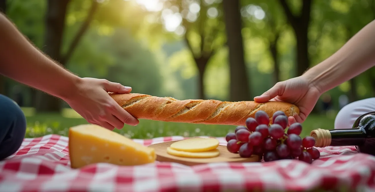 Französisches Gourmet-Picknick mit Baguette und Käse im Park