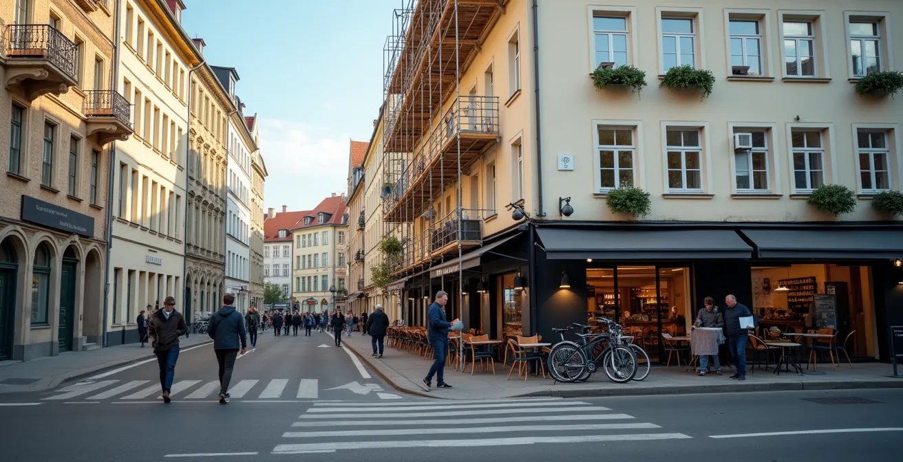 Straßenzug im Wandel mit sanierten und unsanierten Altbauten nebeneinander