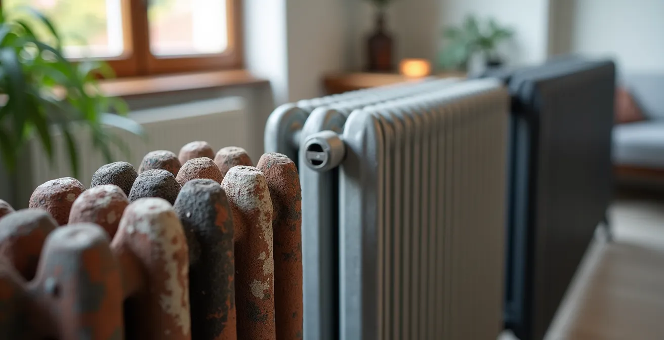 Detailaufnahme, die den Unterschied zwischen einem alten Gussheizkörper und einem modernen Plattenheizkörper für Wärmepumpen-Eignung zeigt.