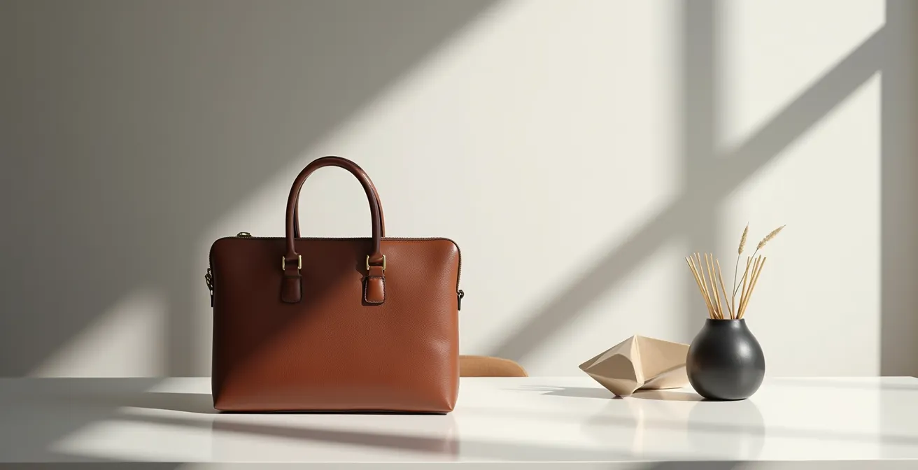 Elegante Ledertasche auf einem minimalistischen Bürotisch, die das Konzept eines Investment-Pieces symbolisiert.