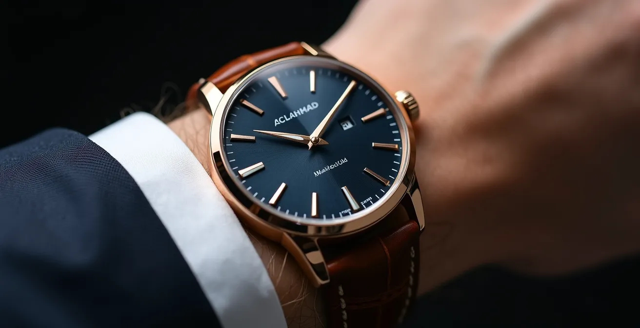 Detailaufnahme einer eleganten Armbanduhr am Handgelenk einer Person in Business-Kleidung.