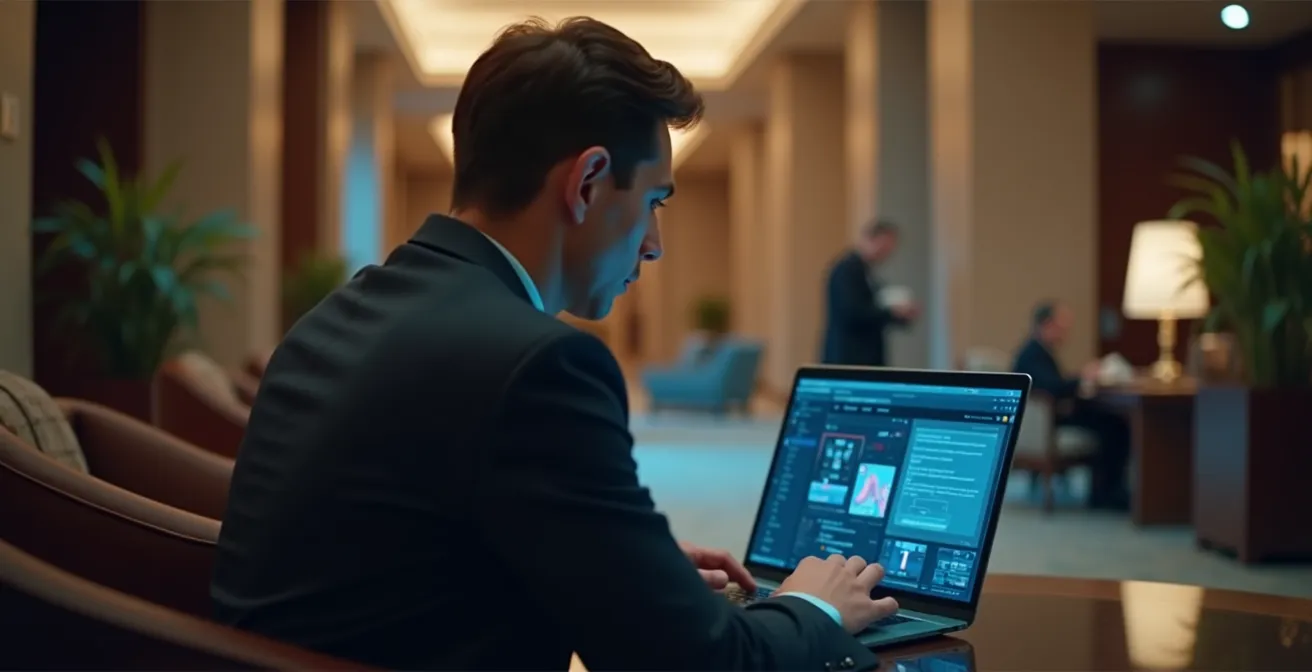 Geschäftsreisender im Hotel mit sicherem VPN-Schutz