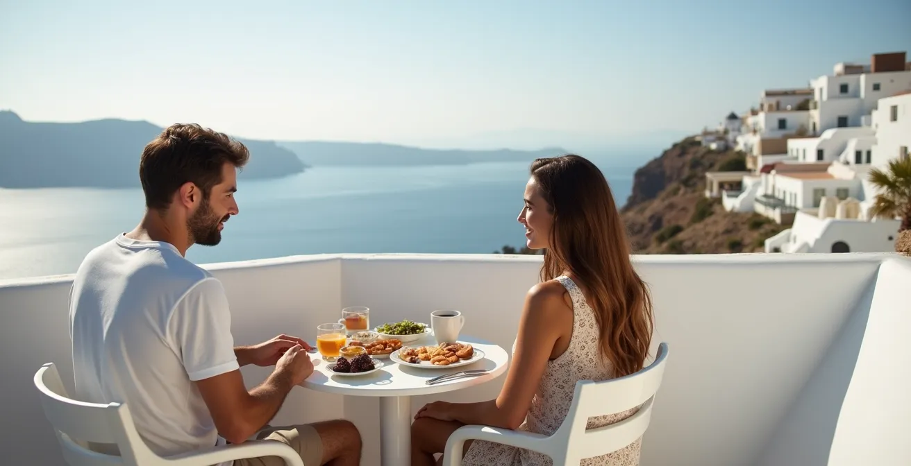 Private Hotelterrasse in Imerovigli mit Frühstückstisch und ungestörtem Caldera-Blick