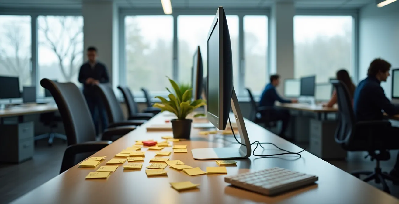 Visualisierung ineffizienter Arbeitsprozesse durch mangelnde Schulung, dargestellt durch einen chaotischen Schreibtisch mit vielen Notizzetteln.