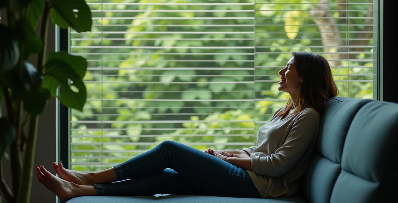 Moderne Gebäudefassade, die eine Kombination aus üppiger Fassadenbegrünung und teilweise geschlossenen, automatischen Jalousien zeigt.