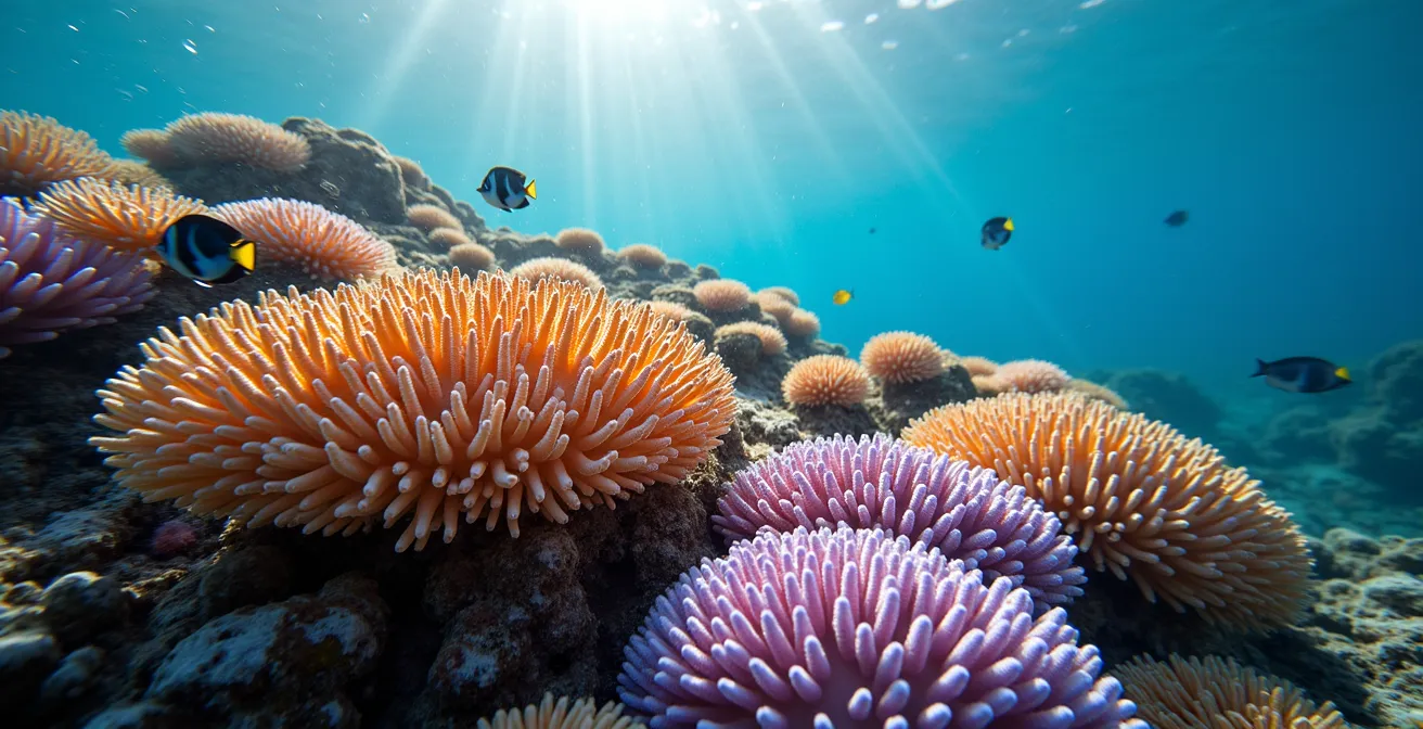 Unterwasseraufnahme eines sich regenerierenden Korallengartens mit bunten Tischkorallen und tropischen Fischen