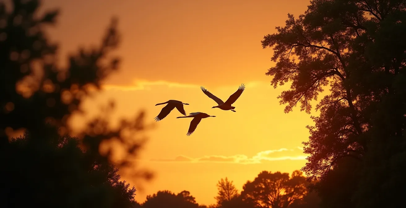 Kraniche in V-Formation am herbstlichen Abendhimmel über deutschem Wald