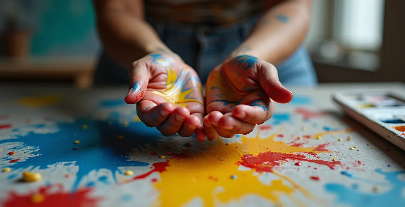 Menschliche Hände mit Farbe bedeckt in entspannter Malumgebung