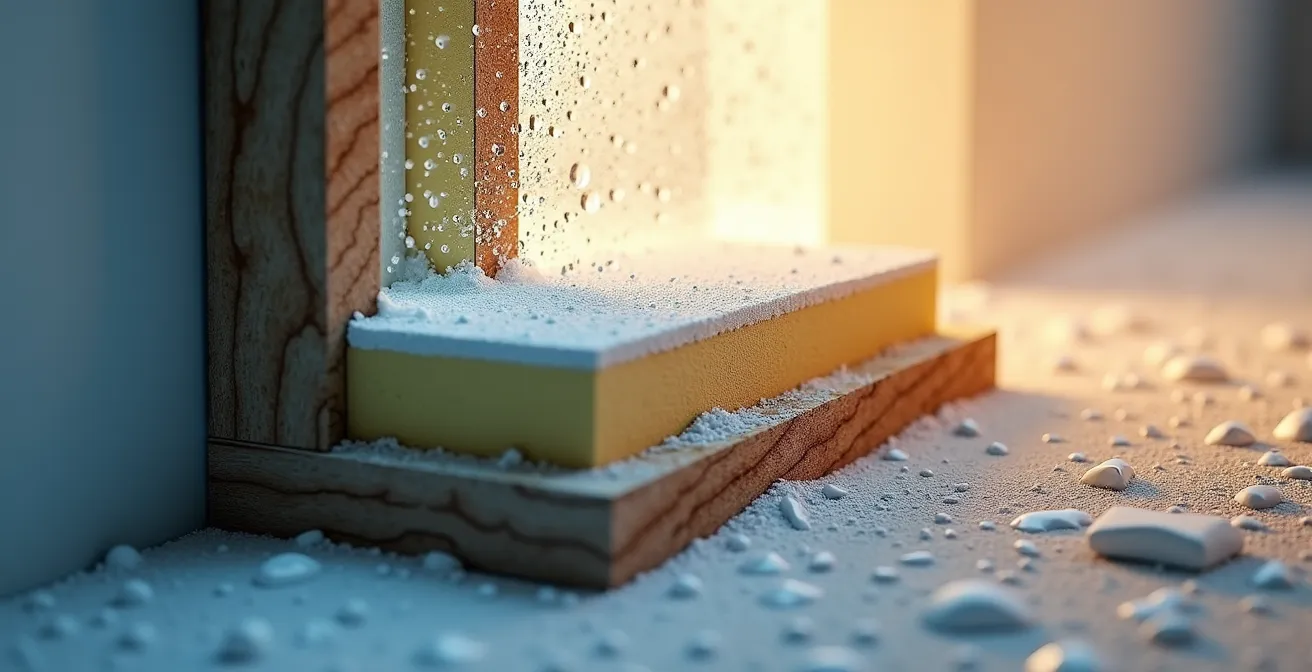 Querschnitt einer Passivhauswand mit Darstellung der Luftdichtheit und Feuchtigkeitsregulierung