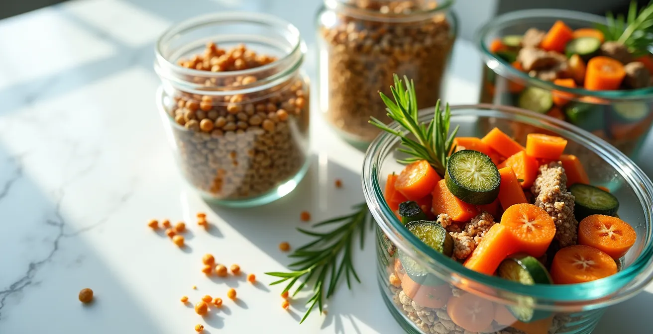 Vorbereitete Meal-Prep-Container mit buntem Gemüse und Getreide