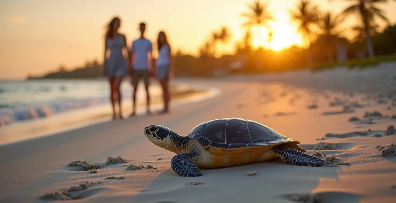 Meeresschildkröte am Strand mit respektvollem Abstand von einer Familie beobachtet