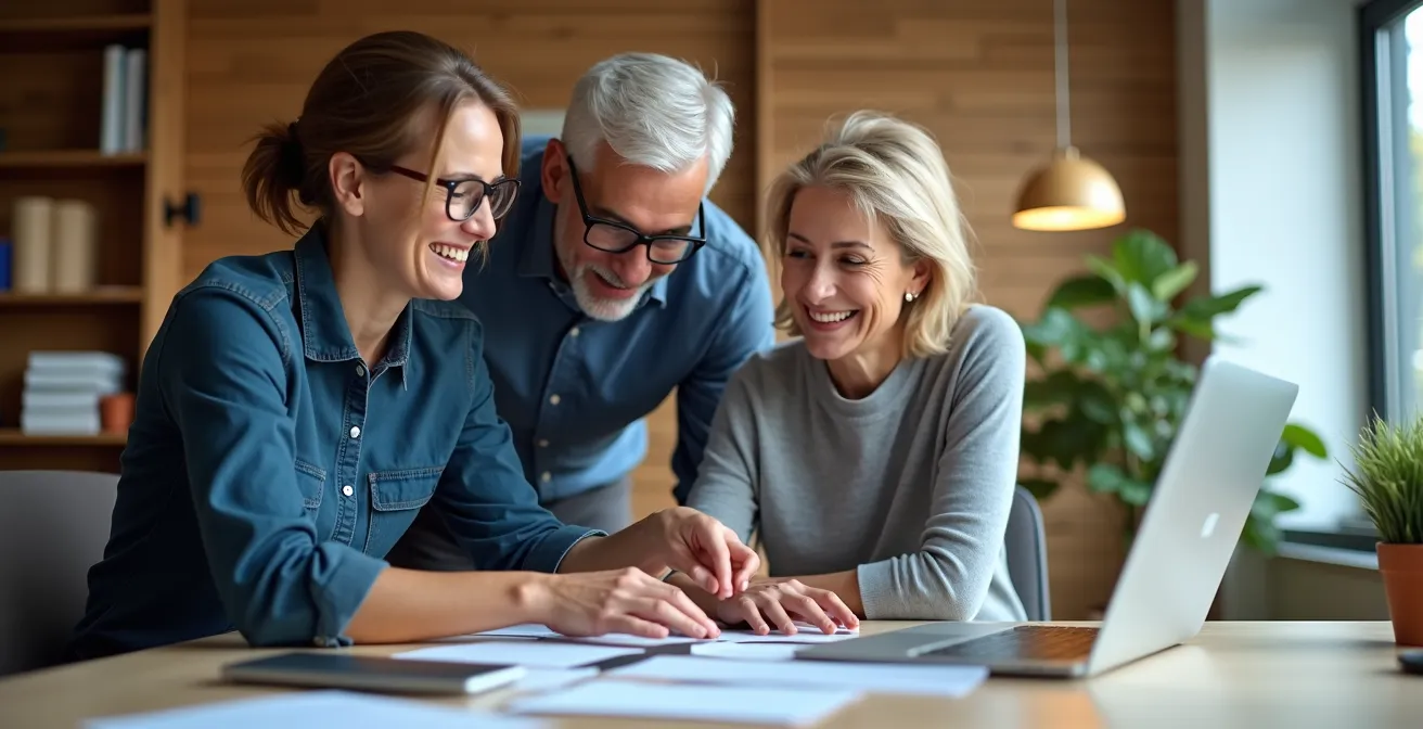 Diverser Arbeitsplatz mit verschiedenen Altersgruppen in kollaborativer Atmosphäre, die erfolgreich digitale Werkzeuge nutzen.