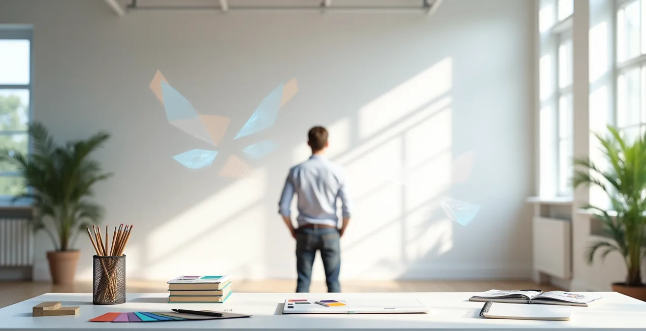 Arbeitsplatz mit kreativen Materialien und abstrakten digitalen Elementen