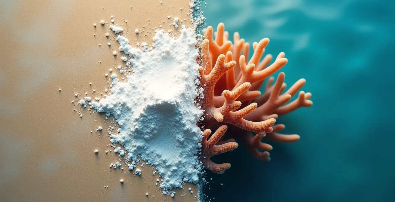 Nahaufnahme von mineralischer Sonnencreme-Textur neben gesunden Korallenpolypen