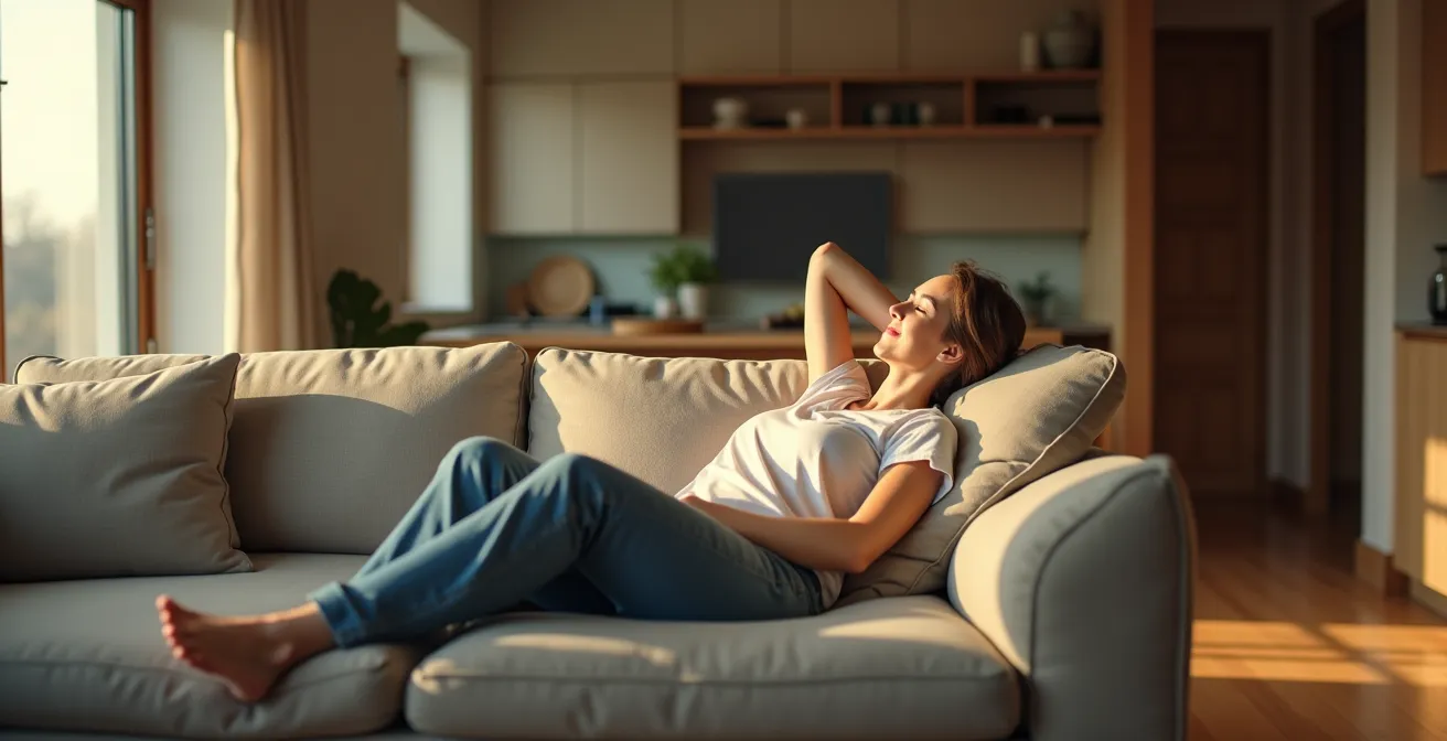 Aufgeräumtes kleines Wohnzimmer mit wenigen großen Möbelstücken statt vieler kleiner