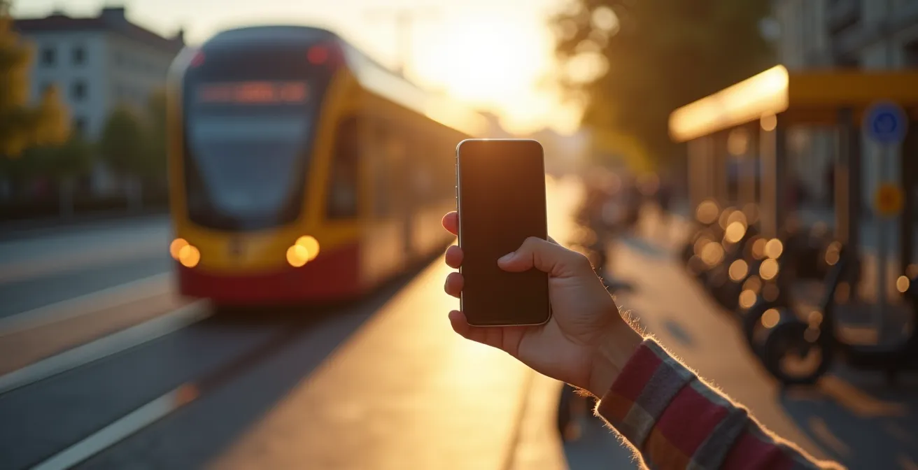 Eine Hand hält ein Smartphone, im unscharfen Hintergrund sind verschiedene Verkehrsmittel wie eine Straßenbahn und E-Scooter zu sehen.
