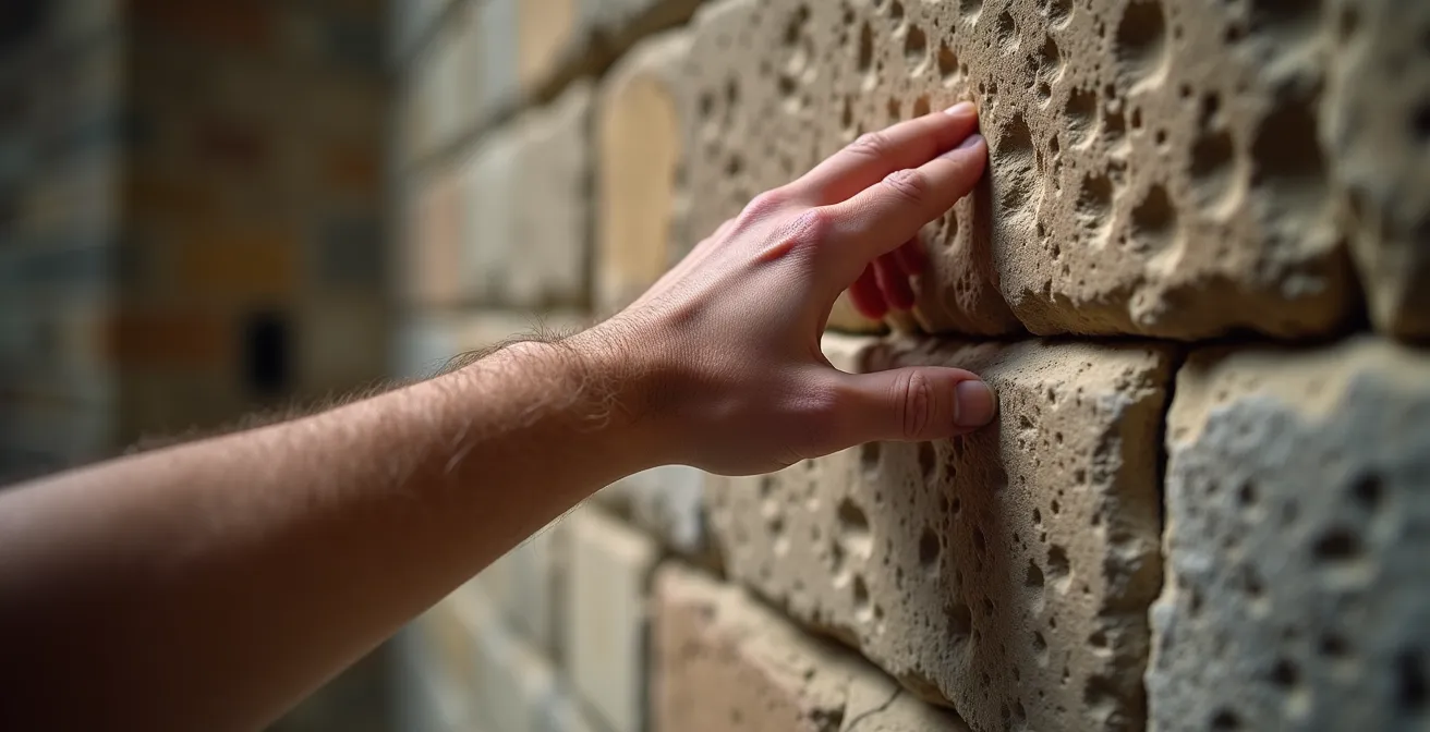 Makroaufnahme einer Hand, die altes Mauerwerk im Speyer Dom berührt