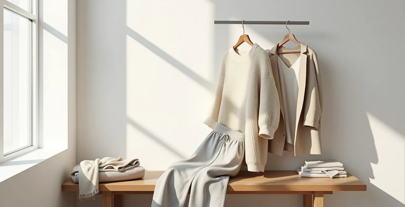 Outfit-Komposition mit verschiedenen Texturen in neutralen Tönen wie einem cremefarbenen Strickpullover und einer grauen Leinenhose.