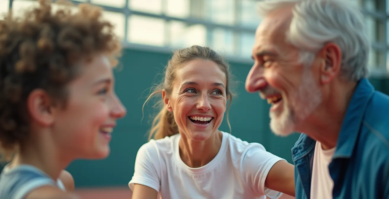 Drei Generationen spielen gemeinsam Padel auf einem deutschen Court