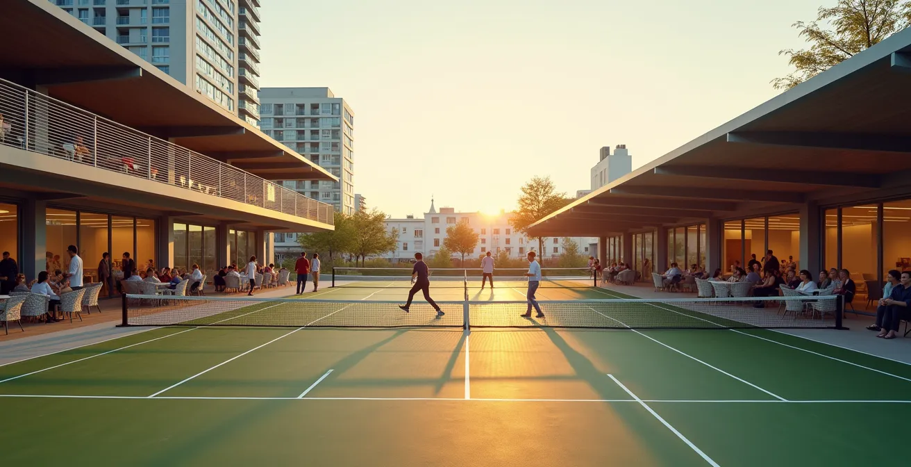 Weitwinkelaufnahme eines lebendigen Padel-Clubs als sozialer Treffpunkt