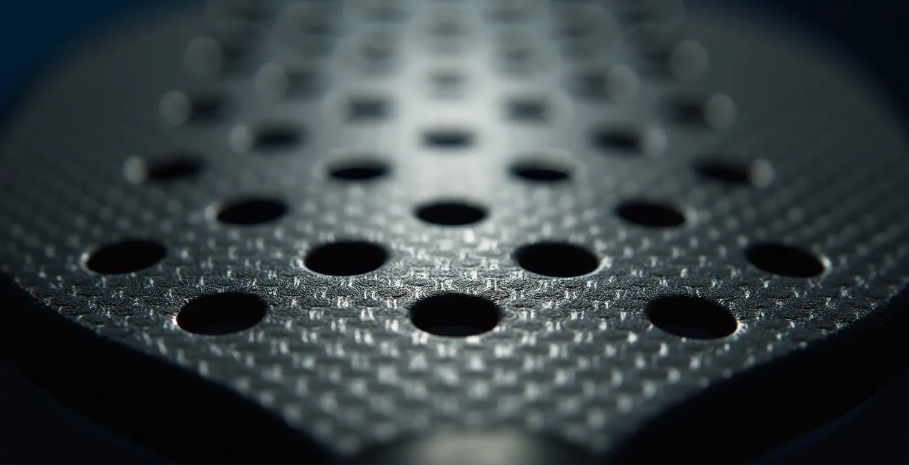 Nahaufnahme eines spezialisierten Padel-Schlägers mit Wettkampf-Atmosphäre