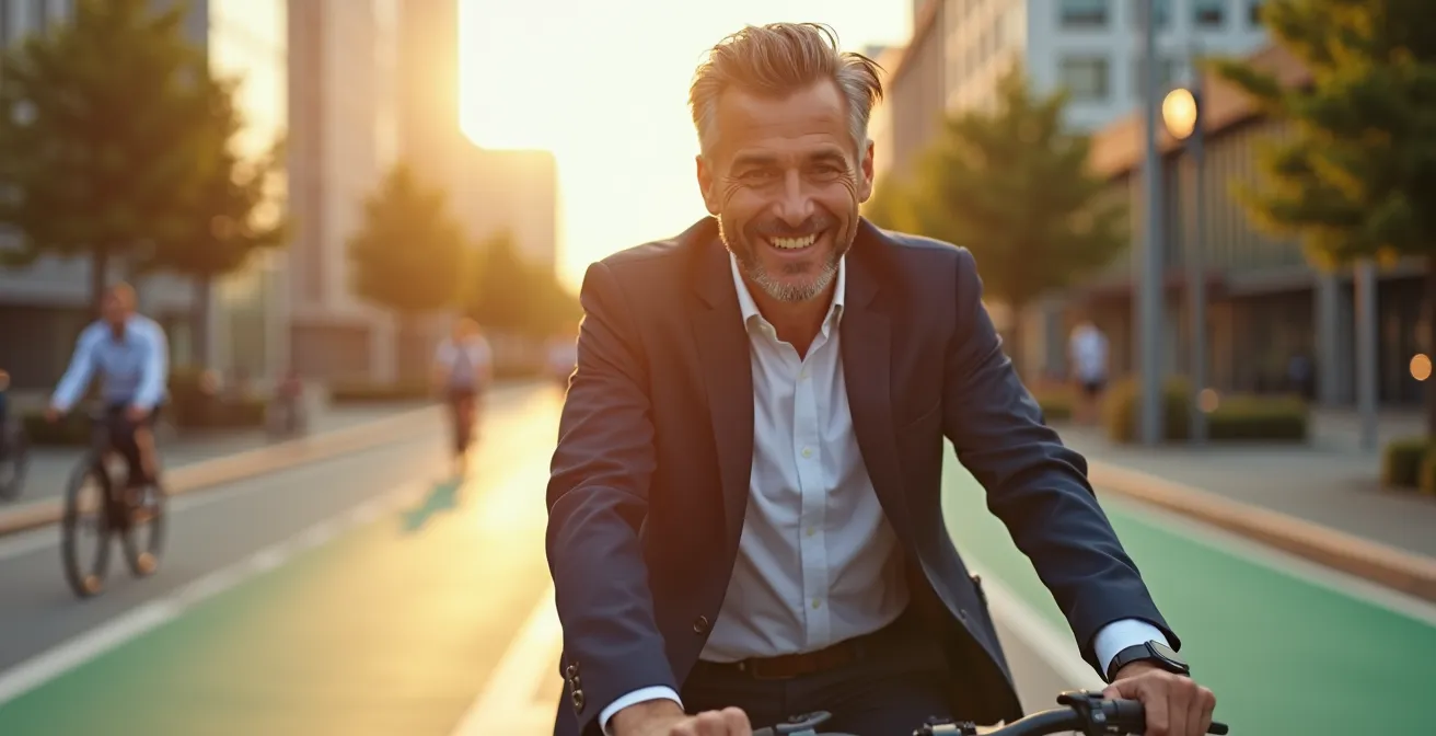 Berufspendler auf E-Bike in deutscher Stadtumgebung mit Fahrradinfrastruktur