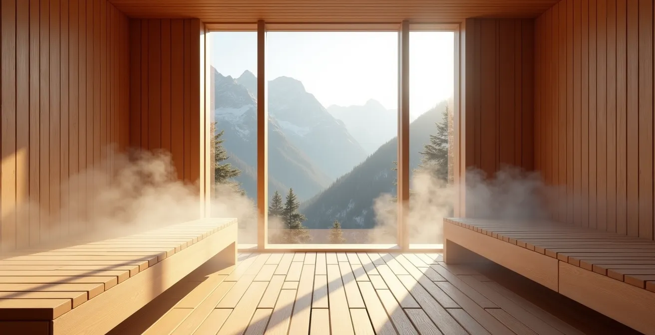 Luxuriöse private Hotelsauna mit Panoramafenster und Bergblick