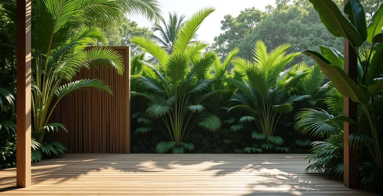 Private Villenterrasse umgeben von dichter tropischer Vegetation als natürlicher Sichtschutz