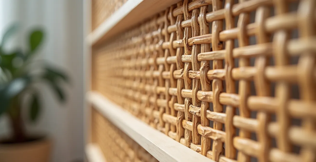 Detailaufnahme von Rattangeflecht auf minimalistischem IKEA-Möbel