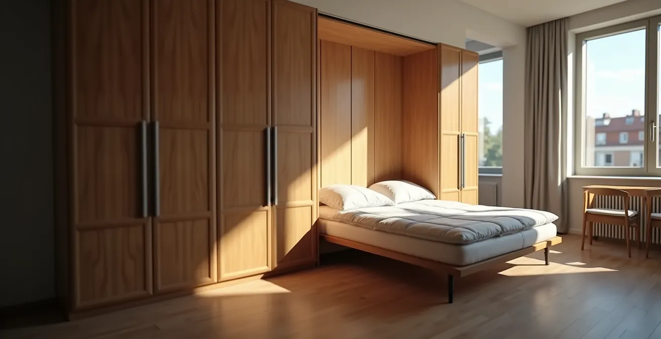 Modernes Schrankbett halb ausgeklappt in elegantem Wohnzimmer