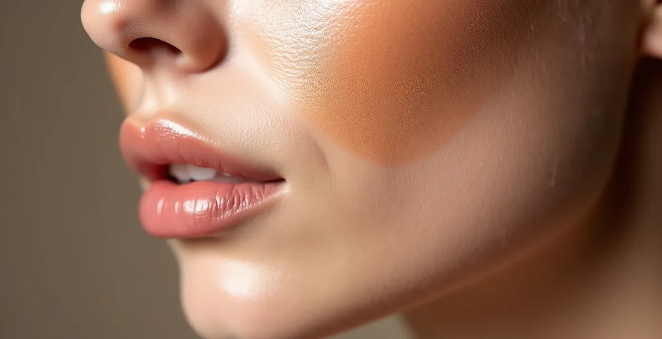 Makroaufnahme von sanftem Gesichts-Contouring mit cremigen Produkten, die nahtlos mit der Haut verschmelzen.