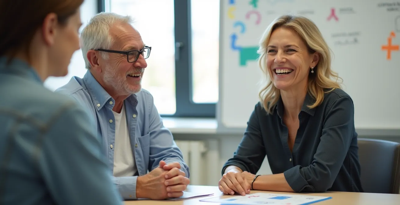 Erwachsene Lernende über 50 in interaktivem Sprachunterricht mit Tandem-Methode