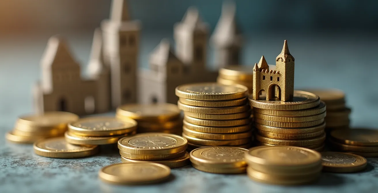 Makroaufnahme von Münzen und Modellhäusern symbolisiert unterschiedliche Renditen in deutschen Städten