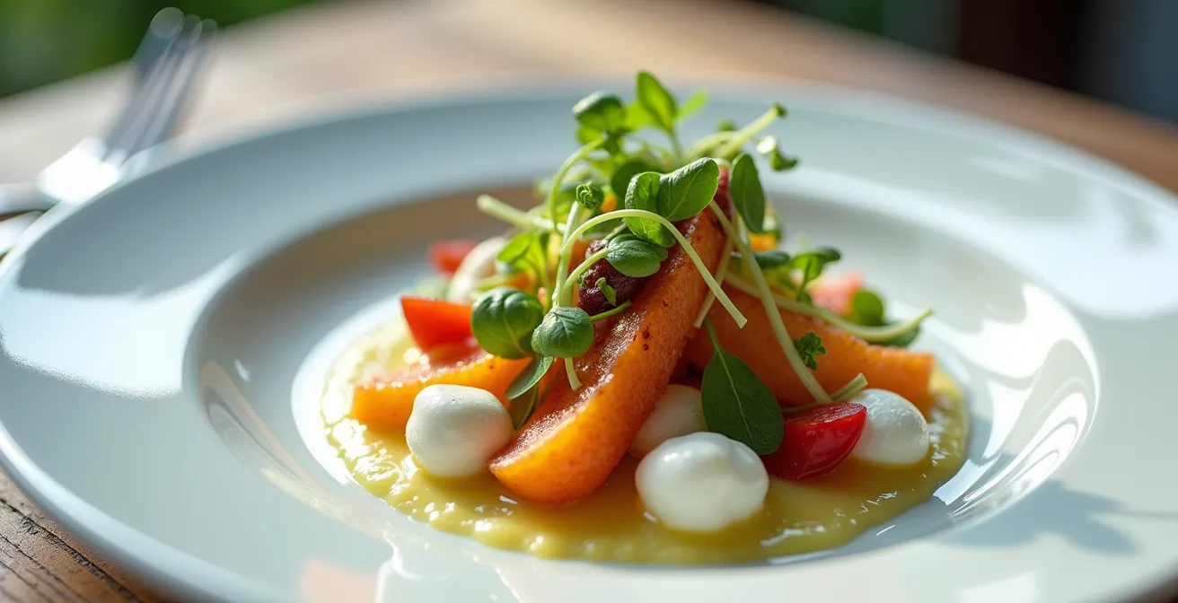 Eleganter Mittagstisch in einem Sternerestaurant mit raffinierter Präsentation