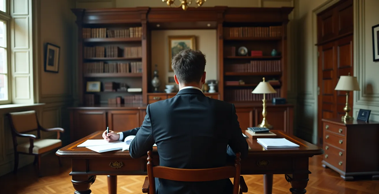 Investor analysiert Steuerunterlagen in historischem Büro mit Stuck und hohen Fenstern