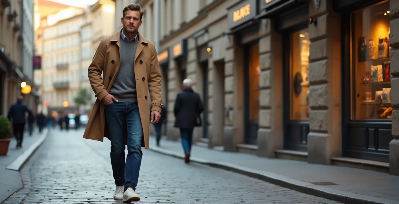 Klassischer Trenchcoat mit dunkler Jeans für verschiedene Wetterlagen