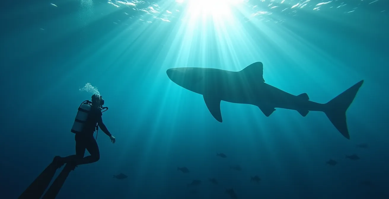 Ein Taucher beobachtet einen riesigen Walhai im kristallklaren Wasser der Seychellen.