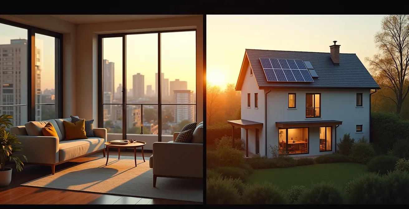 Geteilte Ansicht zeigt moderne Stadtwohnung links und Einfamilienhaus mit Garten rechts