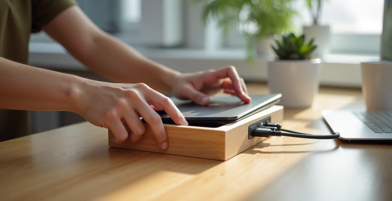 Aufgeräumter Arbeitsplatz mit versteckten Kabeln in einer minimalistischen Holzbox und geschlossenen Aufbewahrungsboxen aus mattem Material.
