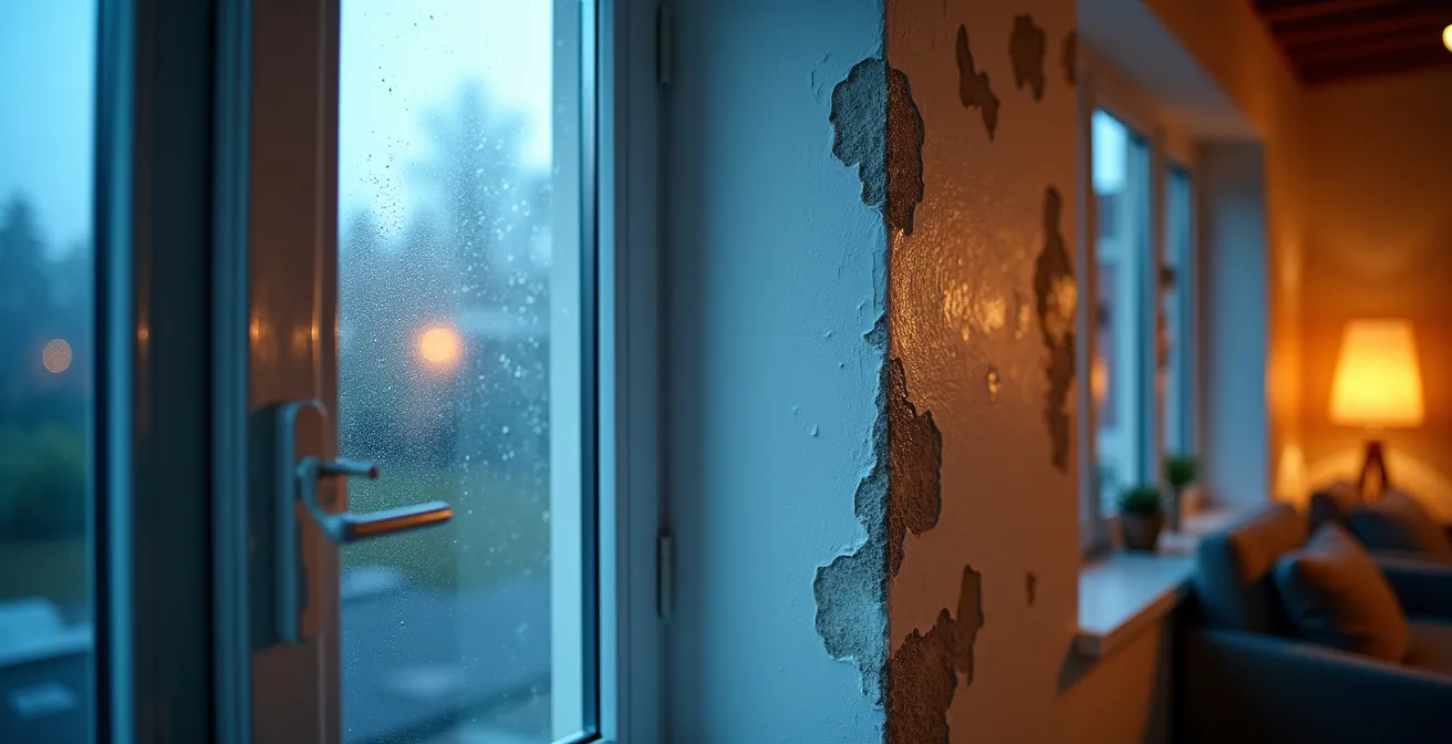 Wärmebildaufnahme einer Raumecke, die nach einem Fenstertausch eine Kältebrücke und damit eine potenzielle Schimmelgefahr aufzeigt.